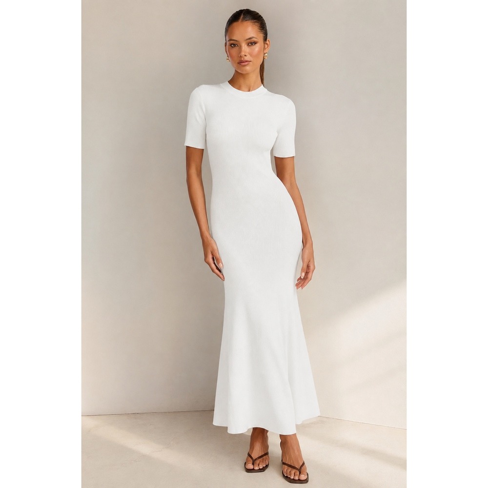 DISSH White Ribbed Knit Midi Maxi Dress Short Sleeve Bodycon XL